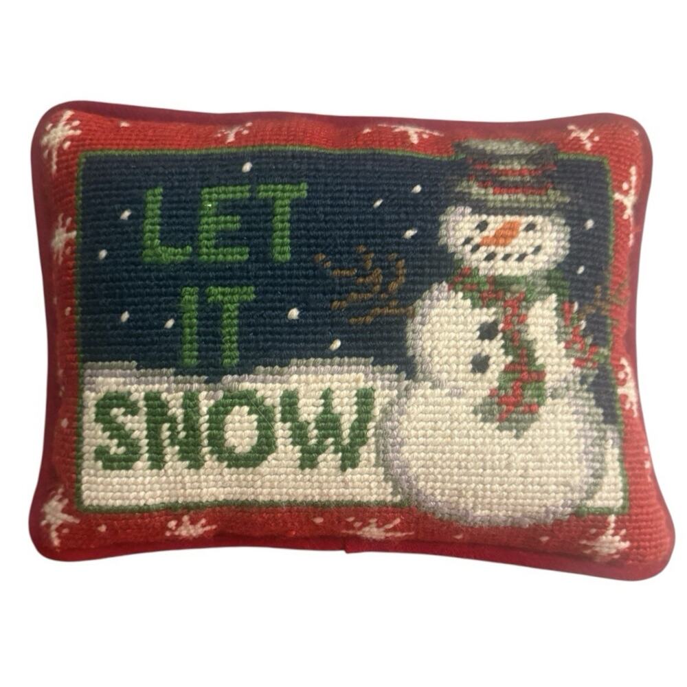 Vintage Needlepoint Pillow Snow Man Let It Snow Red Velvet Backing 8.5 X 6